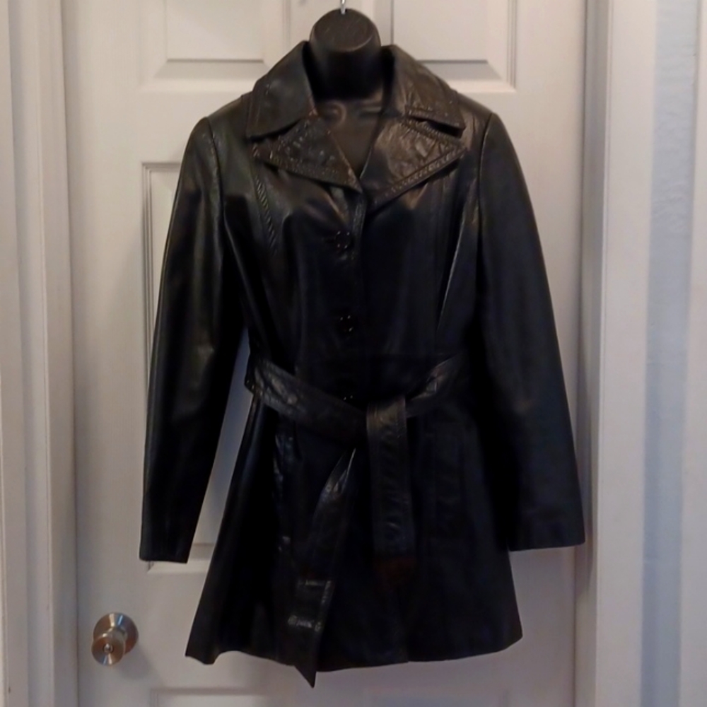 VINTAGE The Tannery Long Leather Jacket Trench Coat Black 1970s